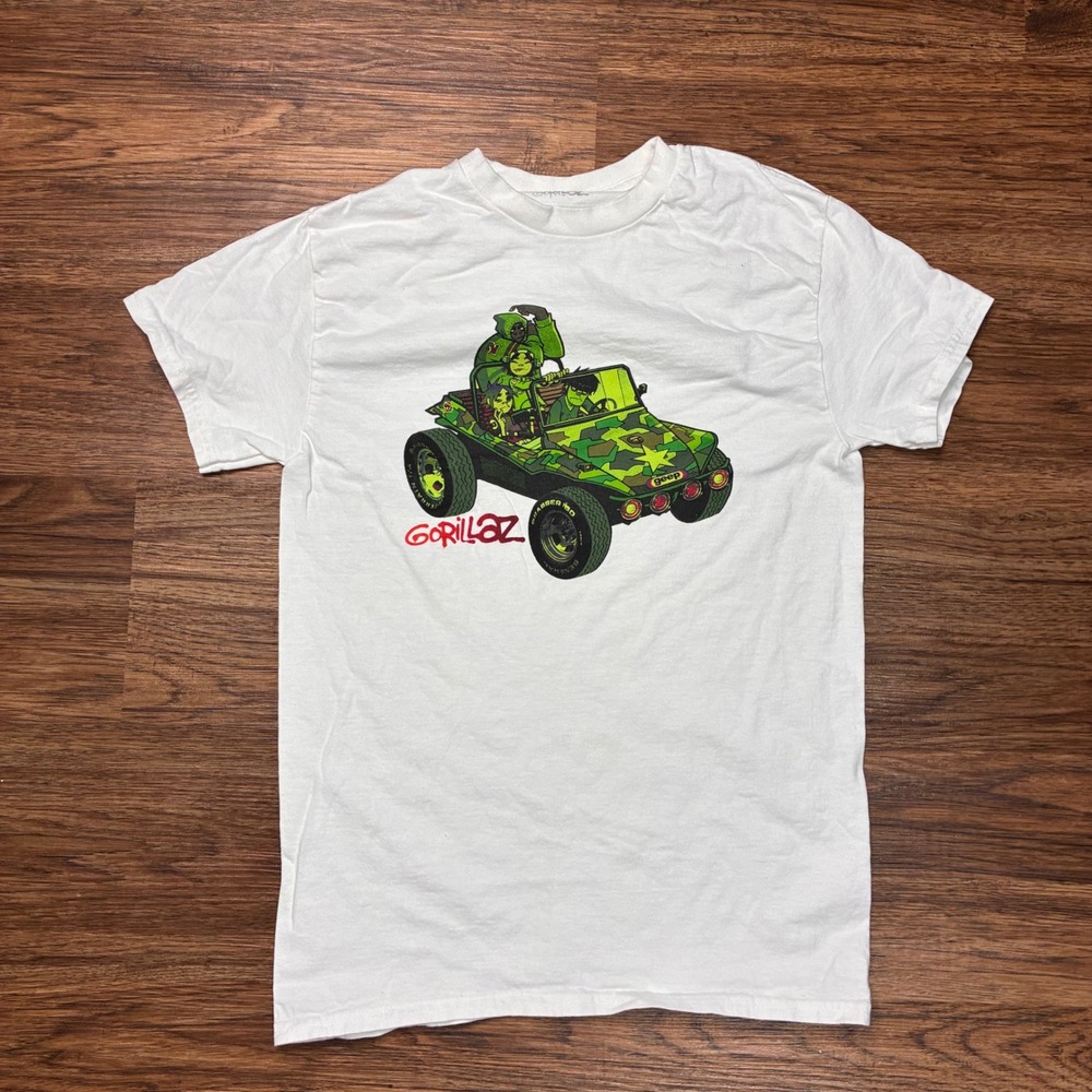 Gorillaz Jeep Graphic T-Shirt Men S White Excellent Cartoon Band Tee Streetwear